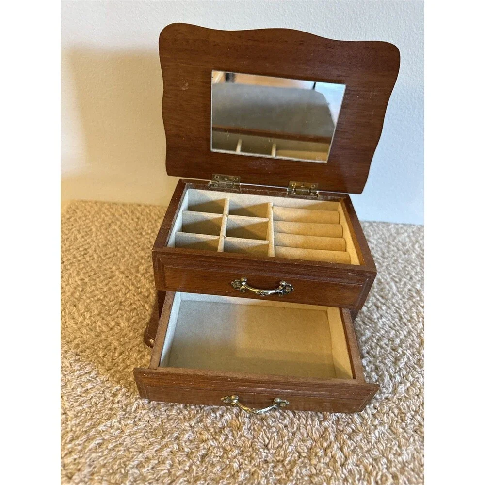 Vintage Wooden Small Jewelry Box, Multiple  Compartments 7'' x 4'' 1 Drawer